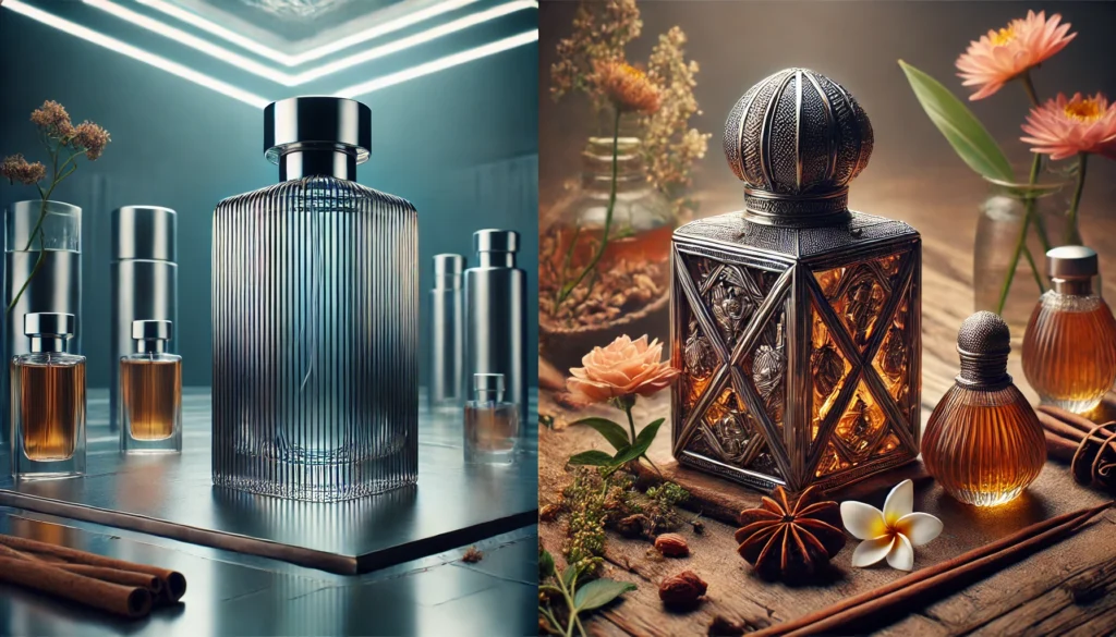 A side-by-side image comparison of attar and perfume: on the left, a luxurious glass bottle of perfume in a modern, clinical setting with sharp lines and metallic reflections, symbolizing synthetic creation; on the right, a handcrafted attar bottle resting on a bed of natural flowers and sandalwood, evoking a sense of tradition, purity, and nature, under warm, soft lighting, shot with a Nikon Z7 II, 50mm f/1.4 lens, vibrant natural colors for the attar side and cool, sterile tones for the perfume side